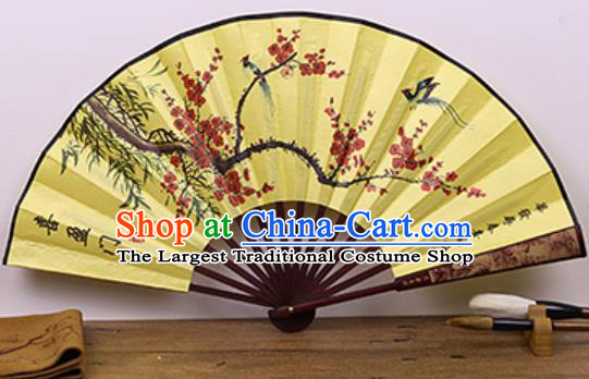Handmade Chinese Ink Painting Plum Bamboo Yellow Fan Traditional Classical Dance Accordion Fans Folding Fan