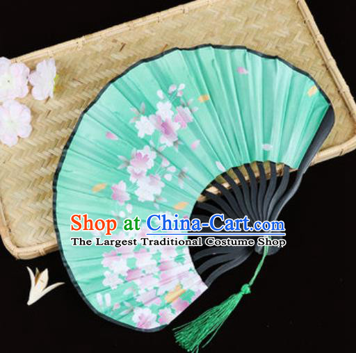 Handmade Chinese Printing Sakura Green Satin Fan Traditional Classical Dance Accordion Fans Folding Fan
