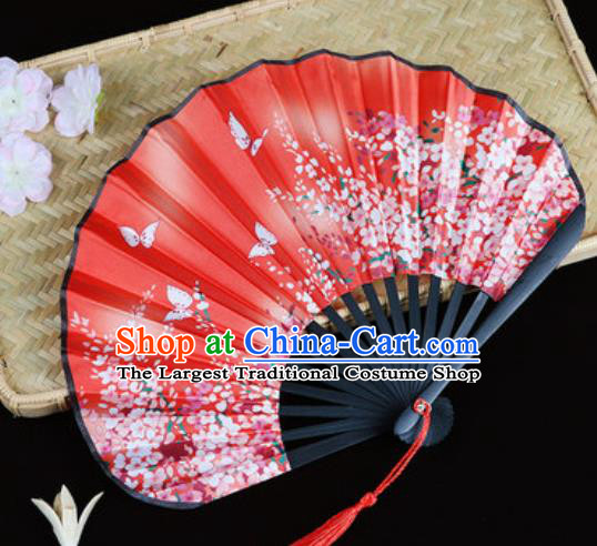 Handmade Chinese Printing Primrose Red Satin Fan Traditional Classical Dance Accordion Fans Folding Fan