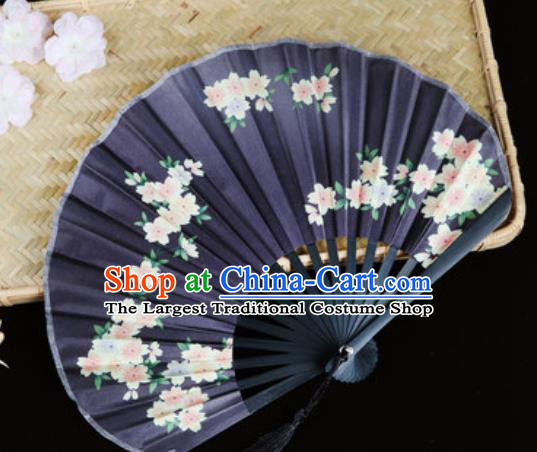Handmade Chinese Printing Sakura Navy Satin Fan Traditional Classical Dance Accordion Fans Folding Fan