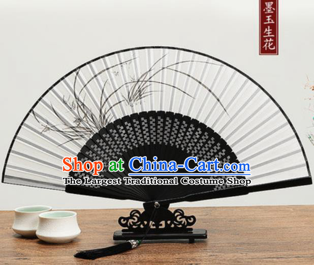 Chinese Traditional Ink Painting Orchid Fan Handmade Accordion Classical Dance Fans Folding Fan