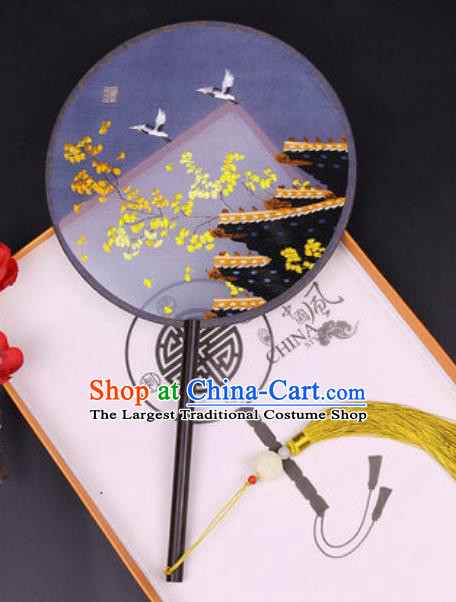 Handmade Chinese Embroidered Ginkgo Crane Silk Fans Traditional Classical Dance Palace Fan for Women