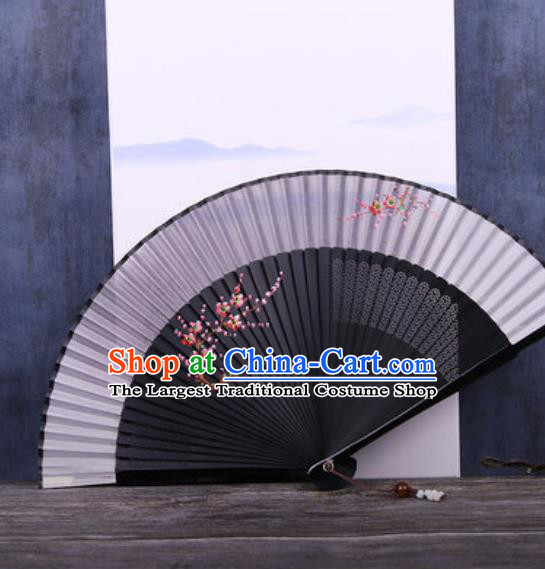 Chinese Traditional Hand Painting Plum Black Silk Fan Classical Dance Accordion Fans Folding Fan
