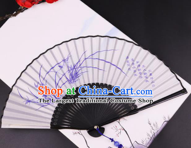 Chinese Traditional Painting Orchids Silk Fan Classical Dance Accordion Bamboo Fans Folding Fan