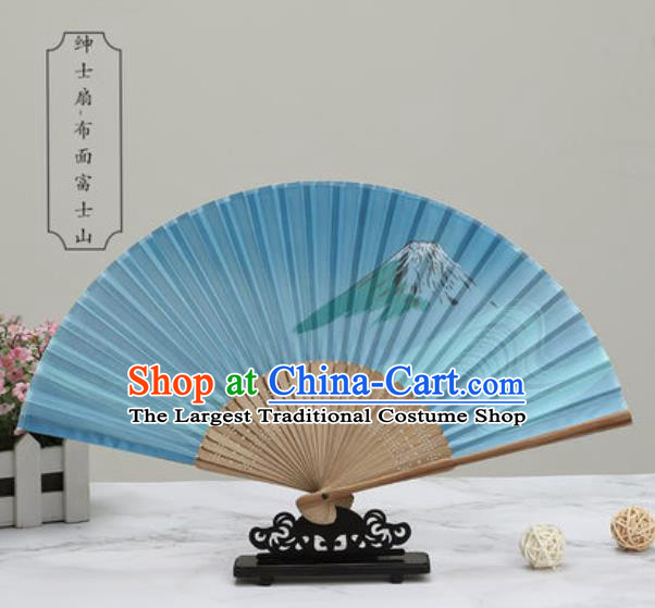 Chinese Traditional Printing Mount Fuji Blue Silk Fan Classical Dance Accordion Fans Folding Fan