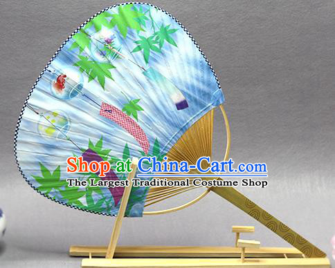 Handmade Chinese Printing Lantern Blue Paper Fans Traditional Classical Dance Palace Fan for Women