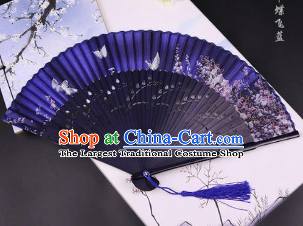 Handmade Chinese Butterfly Blue Cotton Fan Traditional Classical Dance Accordion Fans Folding Fan