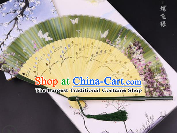 Handmade Chinese Butterfly Green Cotton Fan Traditional Classical Dance Accordion Fans Folding Fan