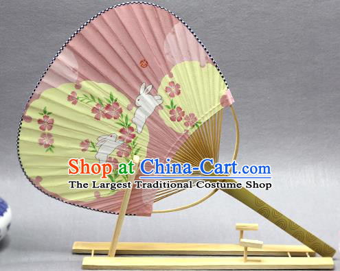 Handmade Chinese Printing Rabbit Pink Paper Fans Traditional Classical Dance Palace Fan for Women