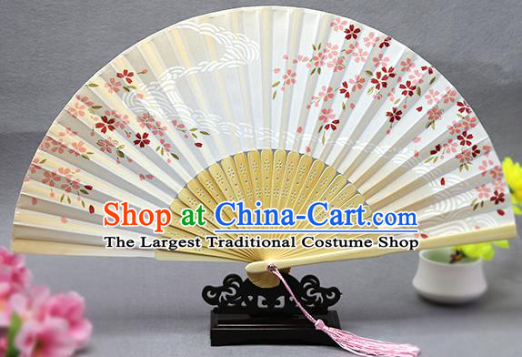 Handmade Chinese Printing Flow Sakura White Fan Traditional Classical Dance Accordion Fans Folding Fan