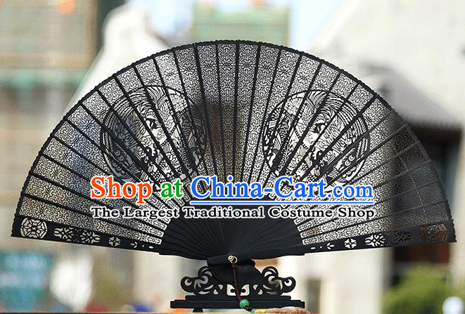 Handmade Chinese Carving Round Phoenix Ebony Fan Traditional Classical Dance Accordion Fans Folding Fan