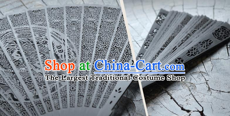 Handmade Chinese Carving Round Phoenix Ebony Fan Traditional Classical Dance Accordion Fans Folding Fan