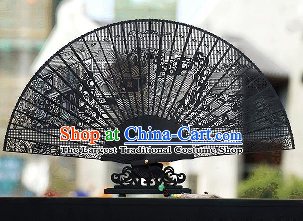 Handmade Chinese Carving Lingering Garden Ebony Fan Traditional Classical Dance Accordion Fans Folding Fan