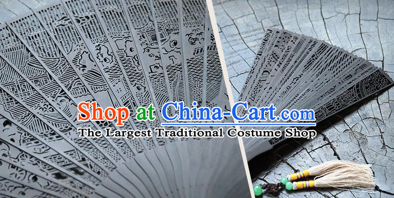 Handmade Chinese Carving Lingering Garden Ebony Fan Traditional Classical Dance Accordion Fans Folding Fan