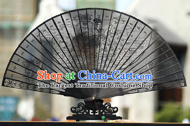 Handmade Chinese Carving Flower Goddess Ebony Fan Traditional Classical Dance Accordion Fans Folding Fan