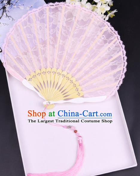 Handmade Chinese Pink Lace Fan Traditional Classical Dance Accordion Fans Folding Fan
