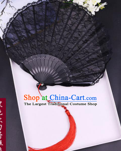 Handmade Chinese Black Lace Fan Traditional Classical Dance Accordion Fans Folding Fan