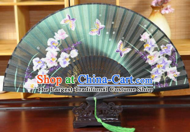 Handmade Chinese Printing Butterfly Green Silk Fan Traditional Classical Dance Accordion Fans Folding Fan
