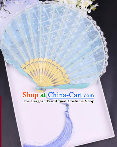 Handmade Chinese Light Blue Lace Fan Traditional Classical Dance Accordion Fans Folding Fan