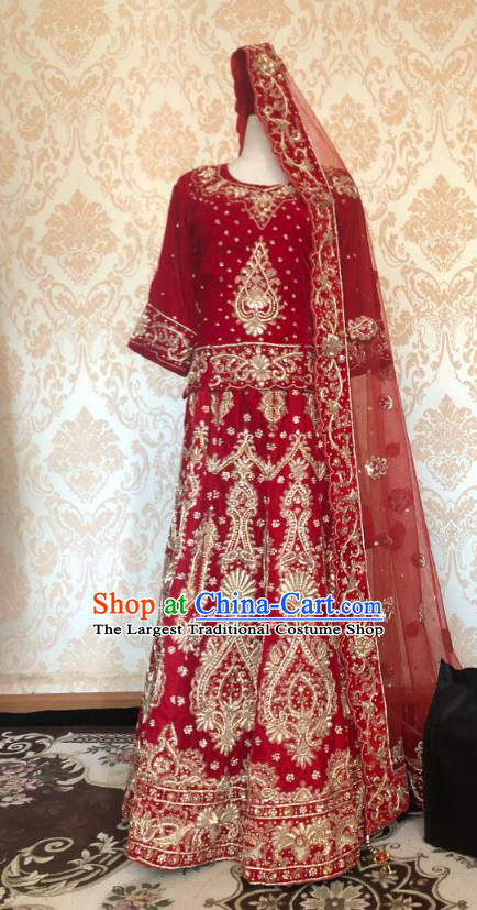 Indian Traditional Embroidered Lehenga Red Dress Asian India Bride Wedding Costume for Women
