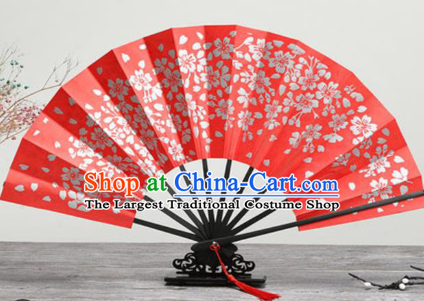 Handmade Chinese Printing Sakura Red Fan Traditional Classical Dance Accordion Fans Folding Fan