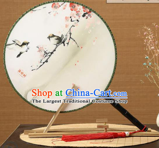 Handmade Chinese Printing Plum Birds Palace Fans Traditional Classical Dance Round Fan for Women