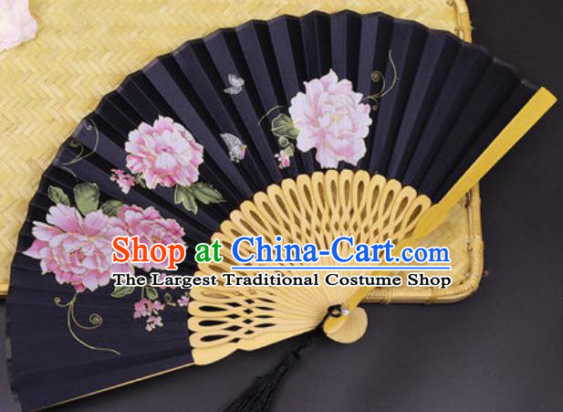 Handmade Chinese Printing Peony Black Silk Fan Traditional Classical Dance Accordion Fans Folding Fan