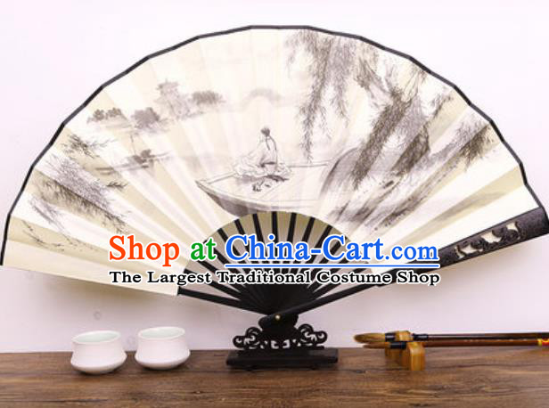 Handmade Chinese Ink Painting Fishing Carving Fan Traditional Classical Dance Accordion Fans Folding Fan