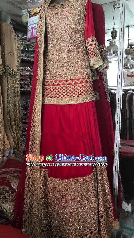 Indian Traditional Bride Exquisite Embroidered Wine Red Lehenga Dress Asian Hui Nationality Wedding Costume for Women