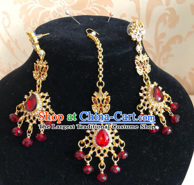 Traditional Indian Wedding Bride Eyebrows Pendant and Golden Earrings Asian India Headwear Jewelry Accessories for Women