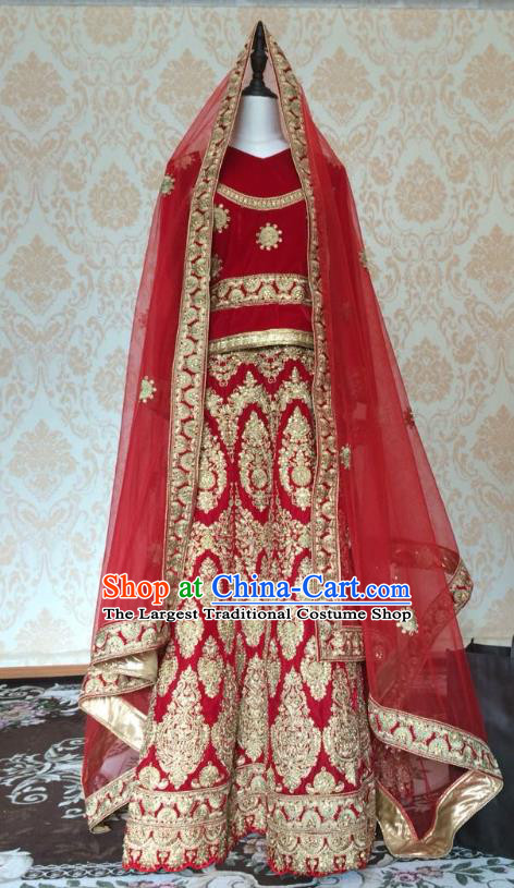 Indian Traditional Court Wedding Red Lehenga Costume Asian Hui Nationality Bride Embroidered Dress for Women