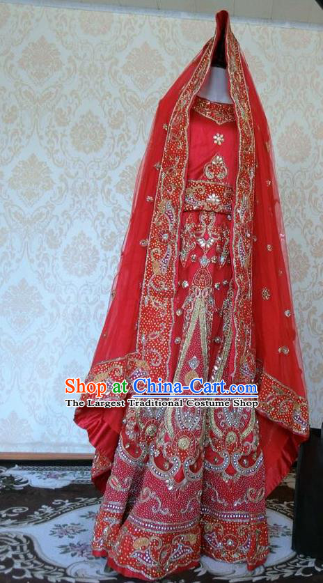 Indian Traditional Diamante Red Lehenga Costume Asian Hui Nationality Wedding Bride Embroidered Dress for Women