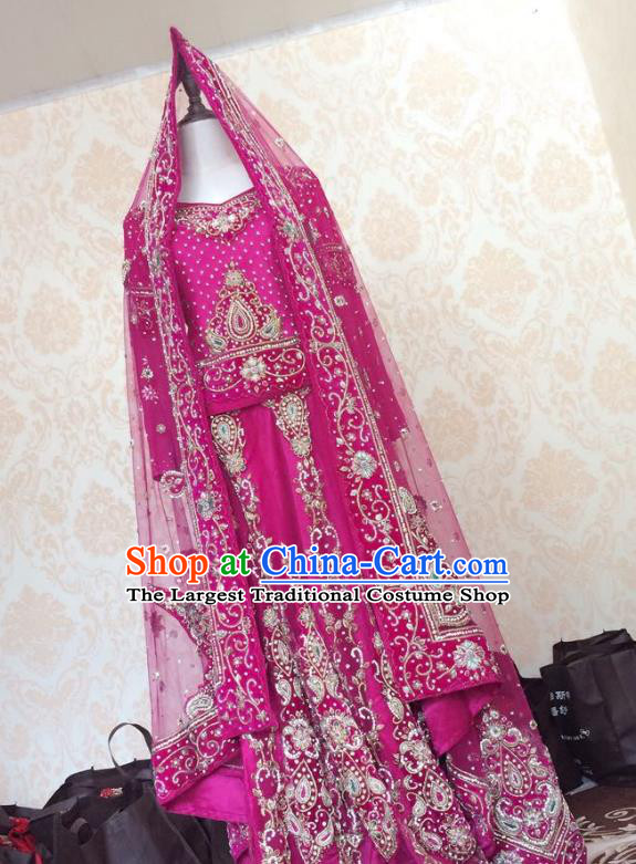 Indian Traditional Court Wedding Diamante Rosy Lehenga Costume Asian Hui Nationality Bride Dress for Women