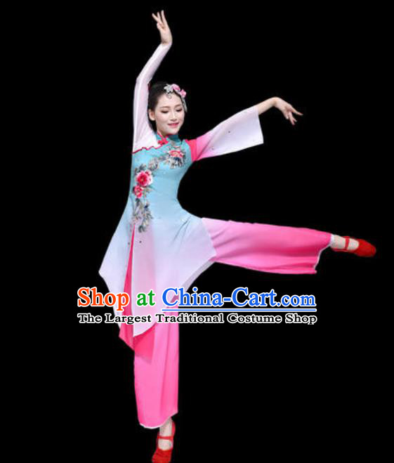Red Coral Chinese Stage Performance Folk Dance Blue Dress Traditional Fan Dance Costume for Women
