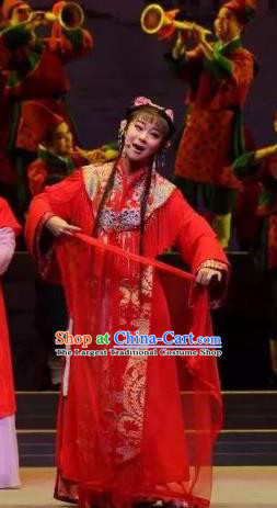Chinese Shaoxing Opera Hua Tan Red Dress Costumes and Headdress A Song of The Travelling Son Yue Opera Actress Wedding Apparels Bride Garment