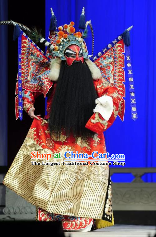 Chinese Historical Beijing Opera General Red Kao Armor Suit with Flags Apparels Zhu Lian Zhai Peking Opera Elderly Male Garment Costumes and Headpiece