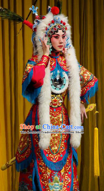 Chinese Kun Opera Female General Red Armor Costumes Princess Baihua Peking Opera Blues Garment Apparels and Headdress Complete Set