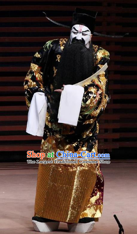 Chinese Classical Kun Opera Treacherous Official Costumes The Palace of Eternal Youth Peking Opera Garment Apparels Yang Guozhong Black Embroidered Robe and Hat