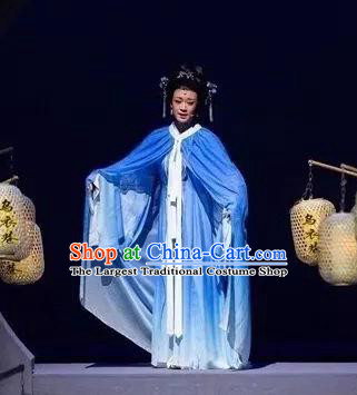 Chinese Shaoxing Opera Actress Young Lady Blue Dress Apparels Costumes and Headpieces Wu Yi Lane Yue Opera Hua Tan Xi Daomao Garment