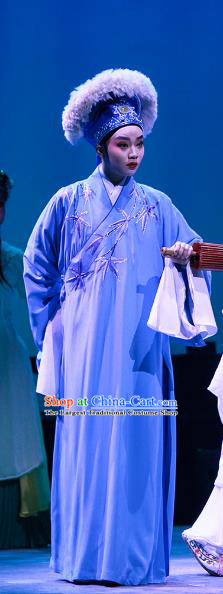 Legend of White Snake Chinese Yue Opera Young Male Apparels Costumes and Headwear Shaoxing Opera Scholar Xu Xian Garment Embroidered Blue Robe