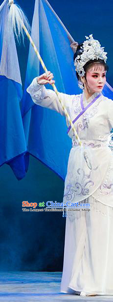 Chinese Shaoxing Opera Martial Female Actress Bai Suzhen Dress Garment Costumes and Headdress Legend of White Snake Yue Opera Wudan Apparels