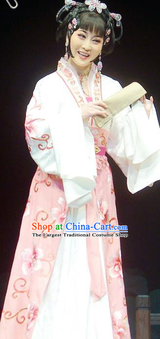 Chinese Shaoxing Opera Young Female Apparels Costumes and Headpieces Chuan Qi Lang Zi Yue Opera Xiao Dan Dress Garment