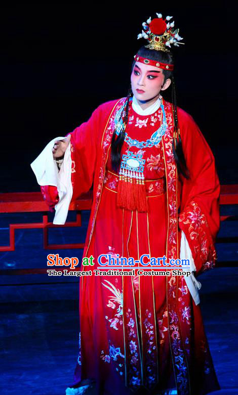 Chinese Kun Opera Young Male Red Apparels and Headwear Dream of Red Mansions Jia Baoyu Garment Costumes Kunqu Opera Niche Clothing
