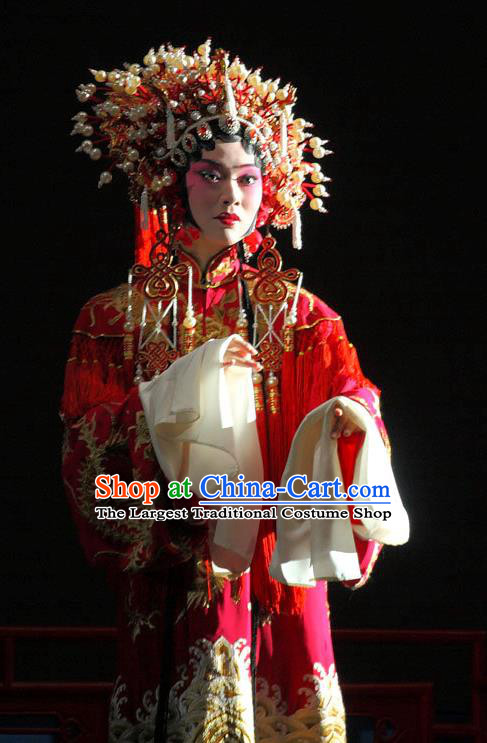 Chinese Kun Opera Hua Tan Wedding Red Dress Costumes and Headdress Dream of Red Mansions Kunqu Opera Patrician Lady Xue Baochai Garment Apparels