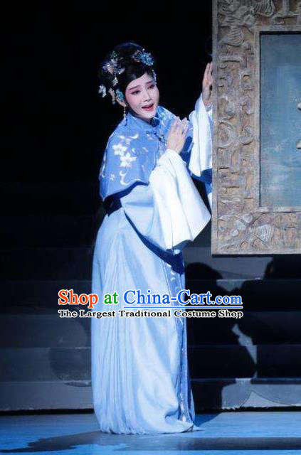 Chinese Kun Opera Hua Tan Wan Qiu Blue Dress Diva Apparels Costumes and Headdress Rong Bao Zhai Kunqu Opera Young Lady Garment