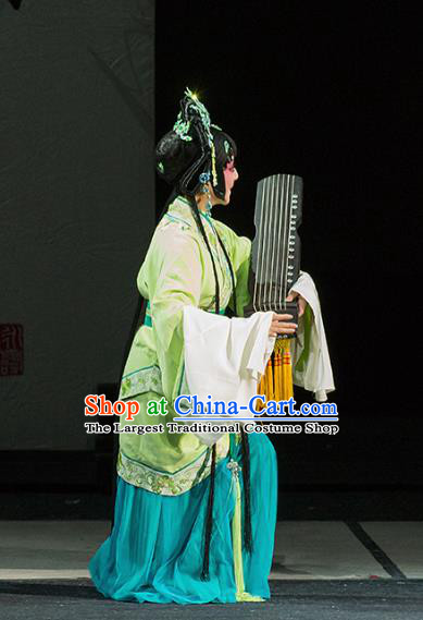 Chinese Kun Opera Young Lady Green Apparels Costumes and Hair Accessories Continue the Pipa Traditional Kunqu Opera Hua Tan Cai Wenji Dress Garment