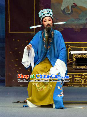 Chinese Yue Opera Middle Aged Men Apparels Pi Shan Jiu Mu Garment Shaoxing Opera Costumes Liu Yanchang Embroidered Robe and Hat