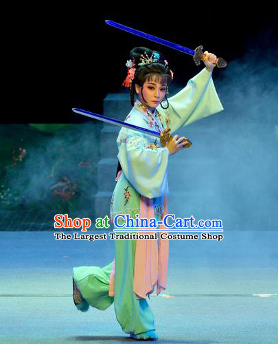 Chinese Shaoxing Opera Martial Female Costumes Pi Shan Jiu Mu Apparels Yue Opera Actress Dress Goddess Wu Dan Garment and Headpieces