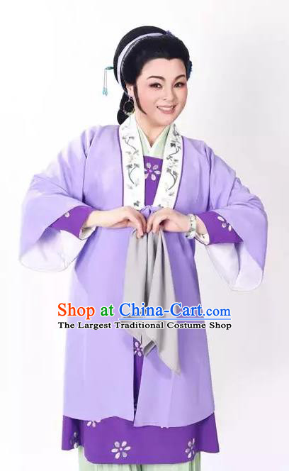 Chinese Shaoxing Opera Costumes Zhang Yu Niang Apparels Yue Opera Garment Civilian Female Purple Dress and Headpiece
