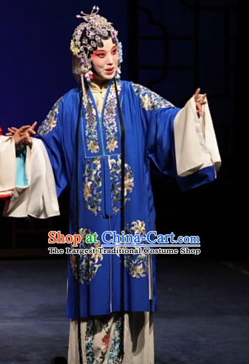 Chinese Kun Opera Noble Female Costumes Apparels and Headdress Feng Zheng Wu Traditional Kunqu Opera Hua Tan Blue Dress Garment